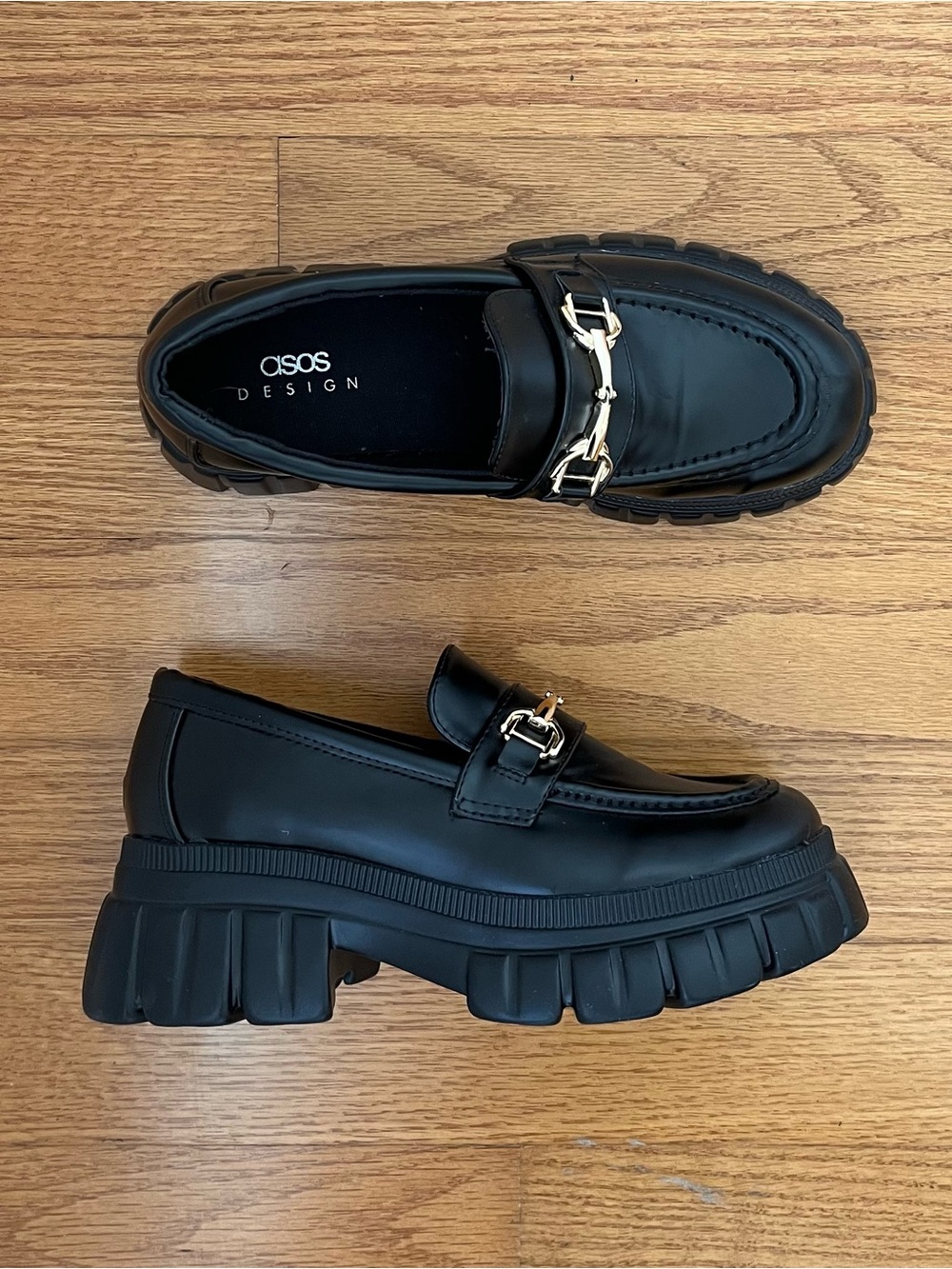Black with gold hardware chunky platform lug sole loafers